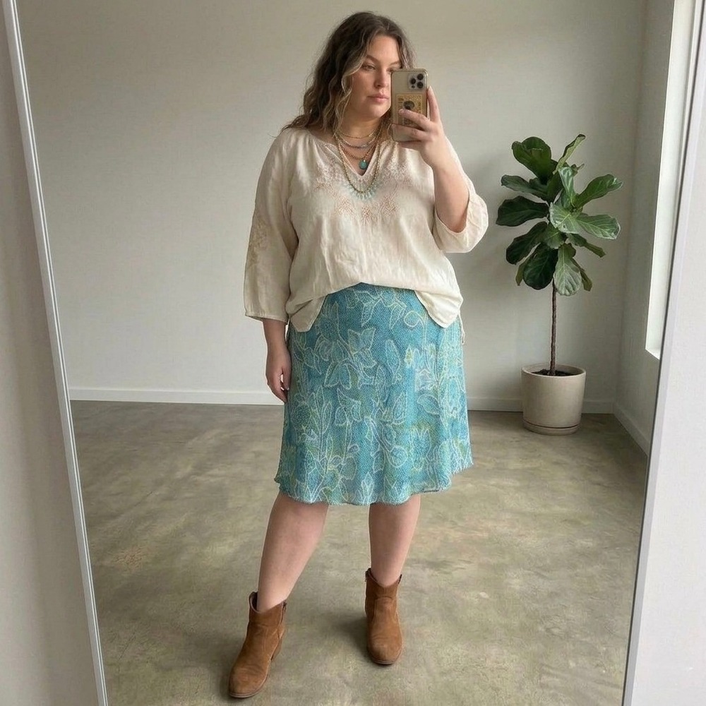 Bob Mackie Studio 100% Silk Floral Mosaic Midi Skirt Turquoise Blue Plus Size 4X